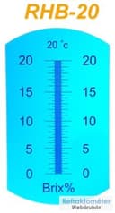 Optična lestvica Brix 0–20 z oznako 20 °C.