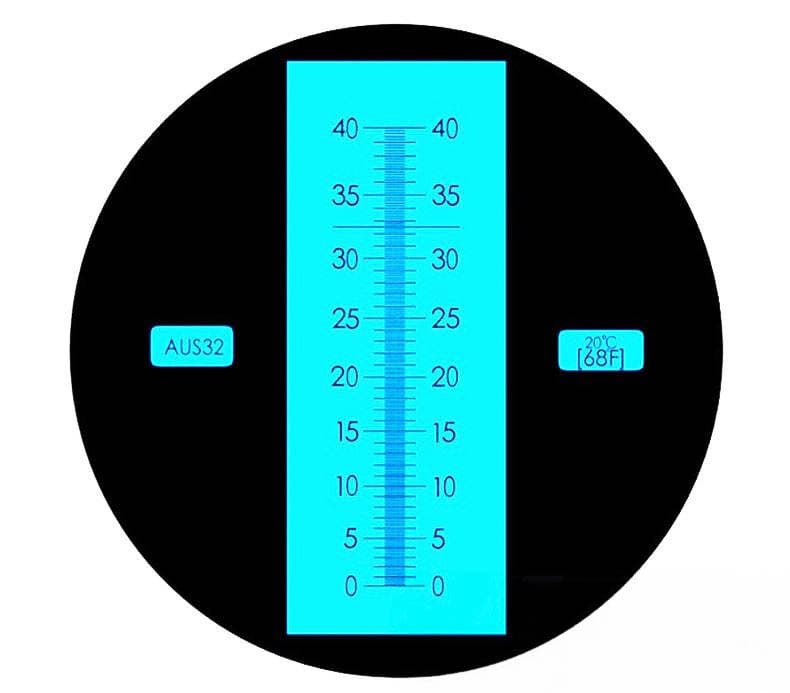Optična lestvica 0–40 z napisoma AUS32 in 20 °C (68 °F).