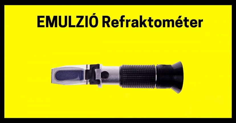 Črn ročni refraktometer na rumenem ozadju z madžarskim napisom »EMULZIÓ Refraktométer«.