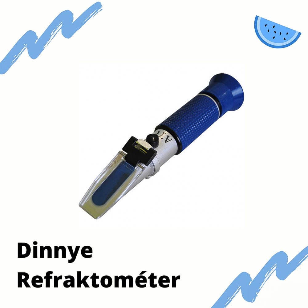 Moder ročni refraktometer z madžarskim napisom »Dinnye Refraktométer«.