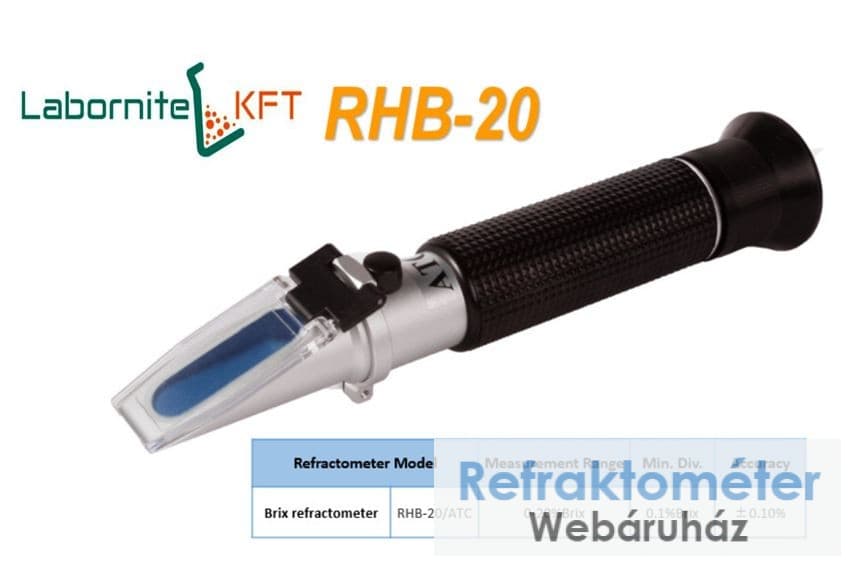Črn ročni refraktometer z napisoma LABORNITE KFT ter RHB-20.