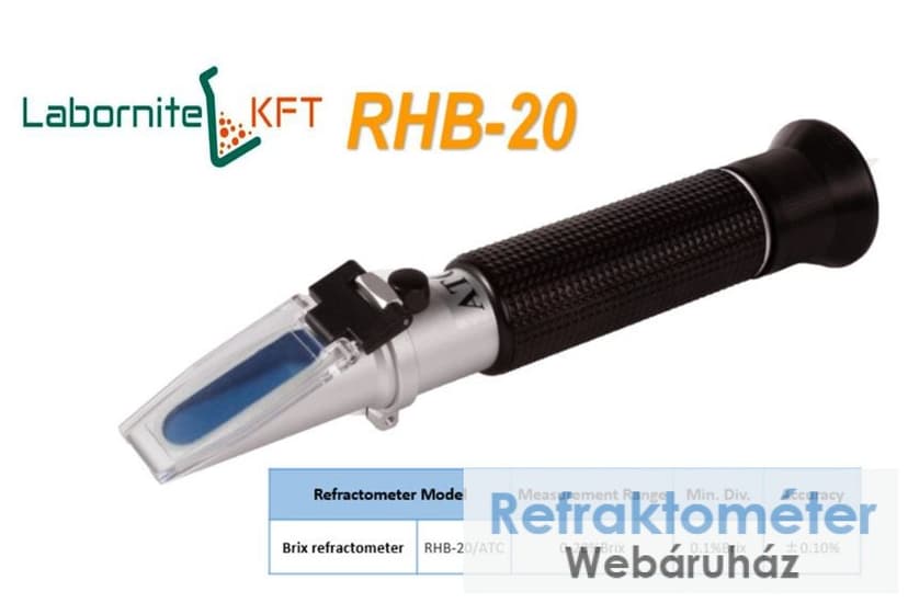 Črn ročni refraktometer z napisoma LABORNITE KFT ter RHB-20.