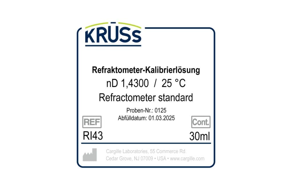 Etiketa kalibracijske tekočine KRÜSS RI43, 1,4300 nD pri 25 °C, 30 ml