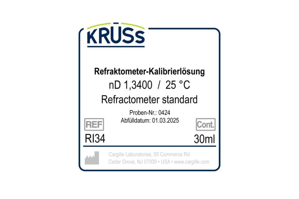 Etiketa kalibracijske tekočine KRÜSS RI34, 1,3400 nD pri 25 °C, 30 ml